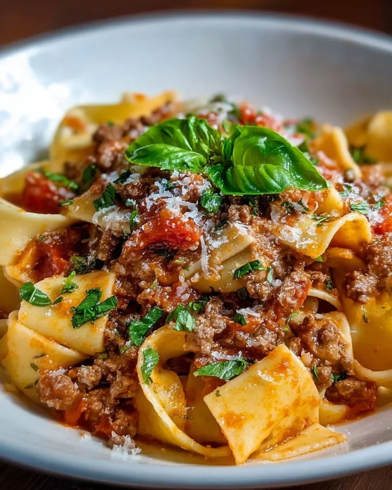 Bowl of hearty Pappardelle Bolognese topped with fresh herbs