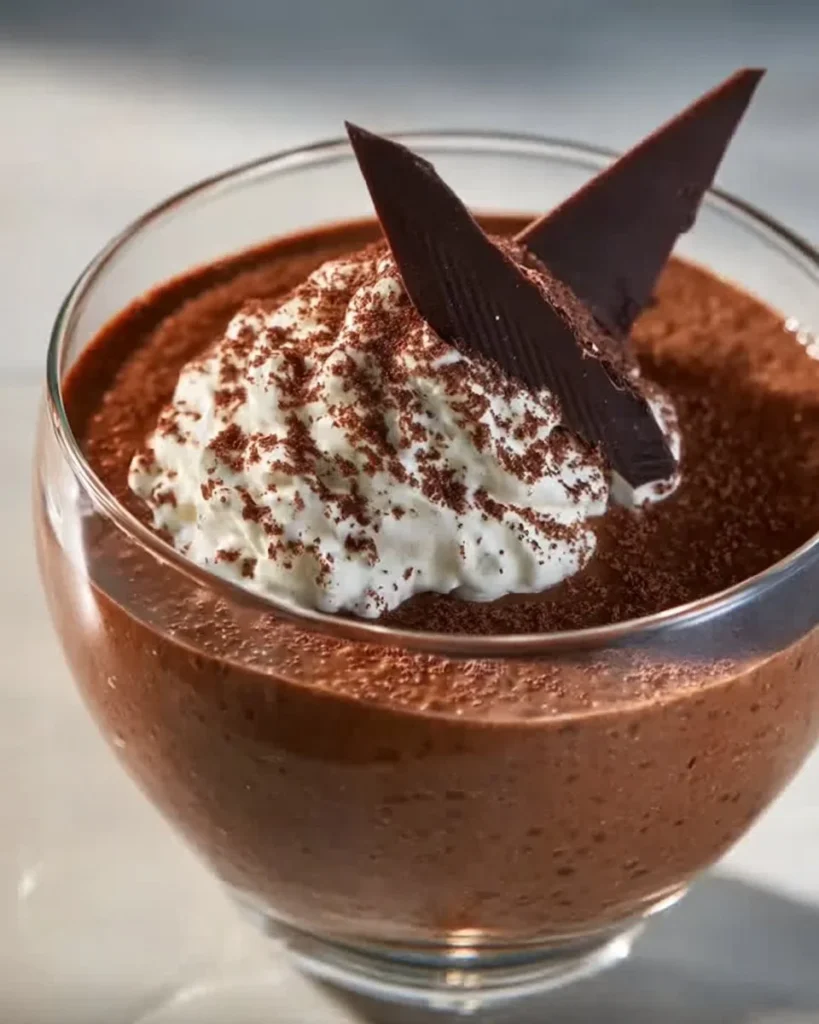 High protein chocolate chia pudding topped with berries and nuts