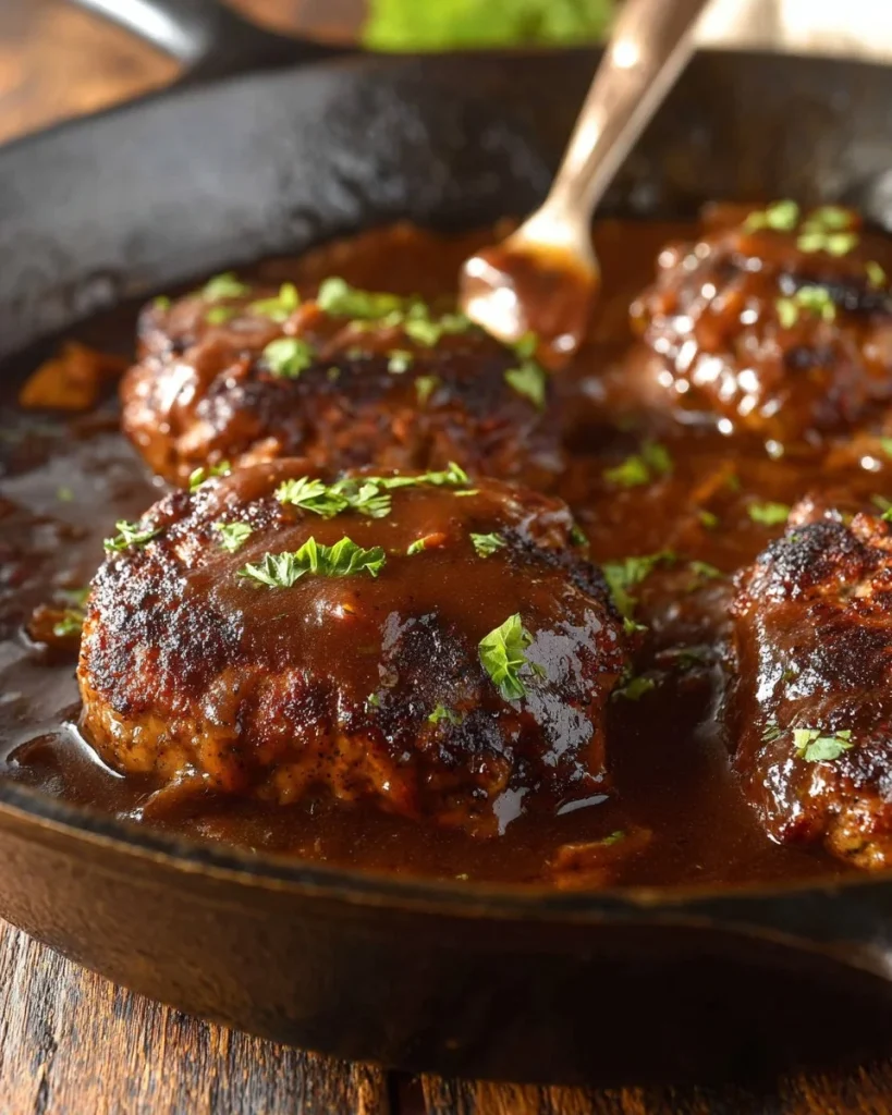 Delicious homemade Salisbury steak served with gravy and mashed potatoes