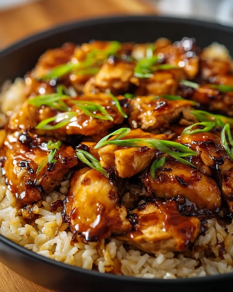 Delicious plate of Honey BBQ Chicken Rice garnished with fresh herbs