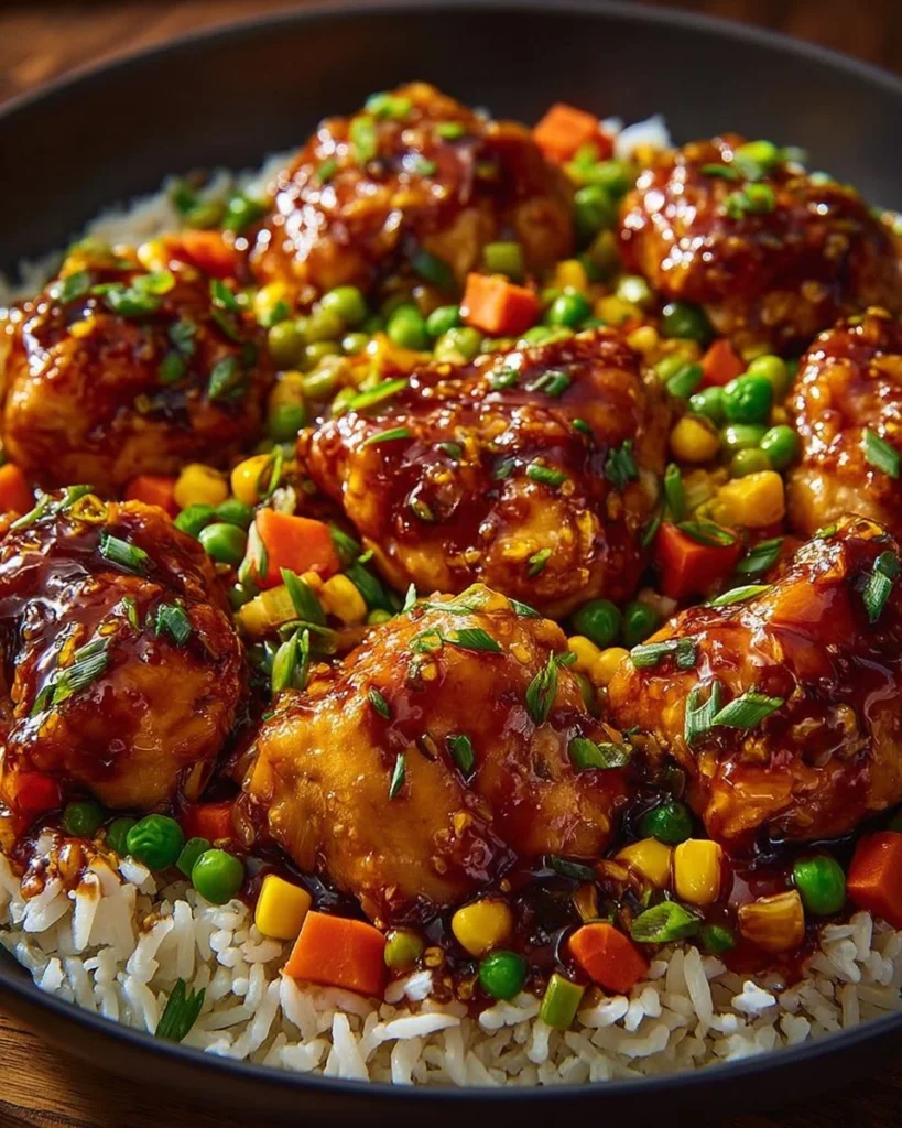 Honey BBQ Chicken Rice Skillet served in a colorful bowl with fresh vegetables.