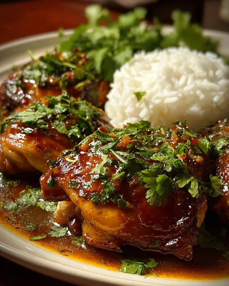 Delicious Honey Garlic Chicken Thighs served on a plate with green garnish