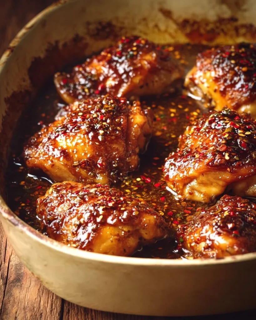 Honey Garlic Chicken Thighs served on a plate with garnish