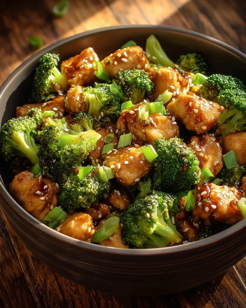 Delicious honey sesame chicken with broccoli served in a bowl