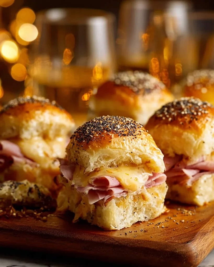 Delicious hot ham and cheese sliders served on a platter