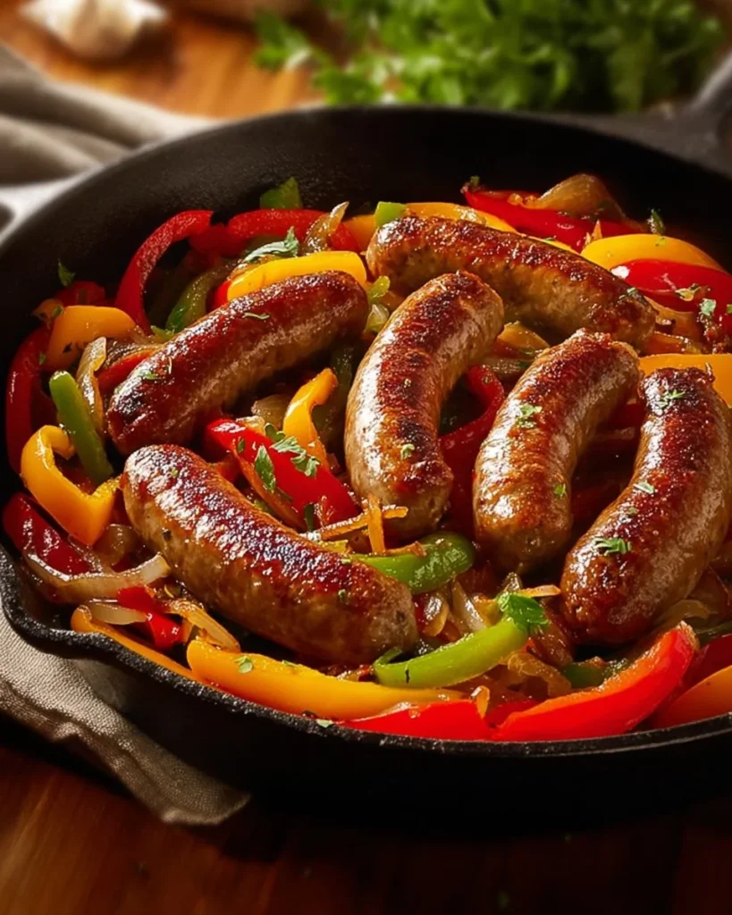 Italian sausage with colorful peppers and onions in a delicious dish