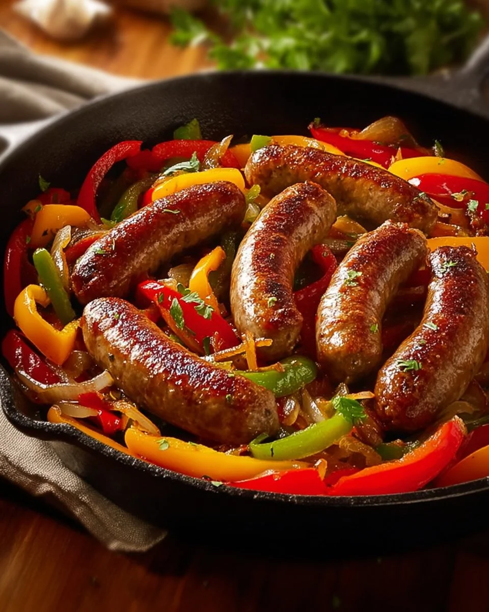 Italian sausage with colorful peppers and onions in a delicious dish