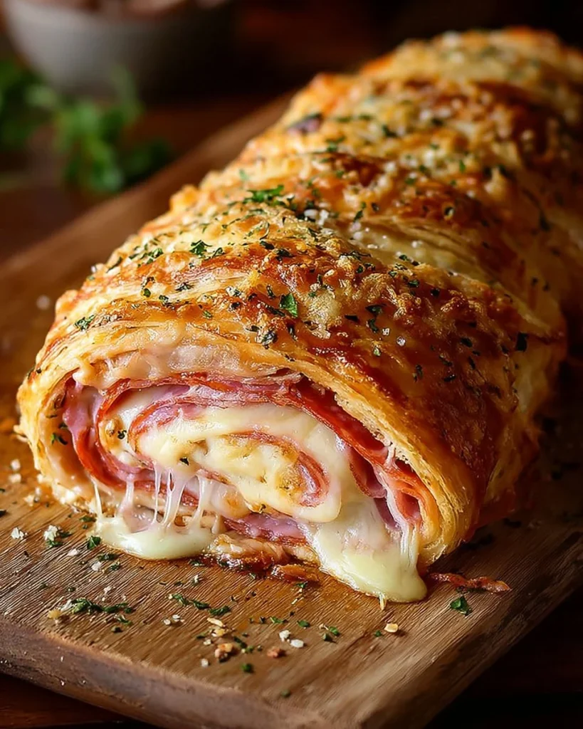 Homemade Italian Stromboli stuffed bread fresh out of the oven