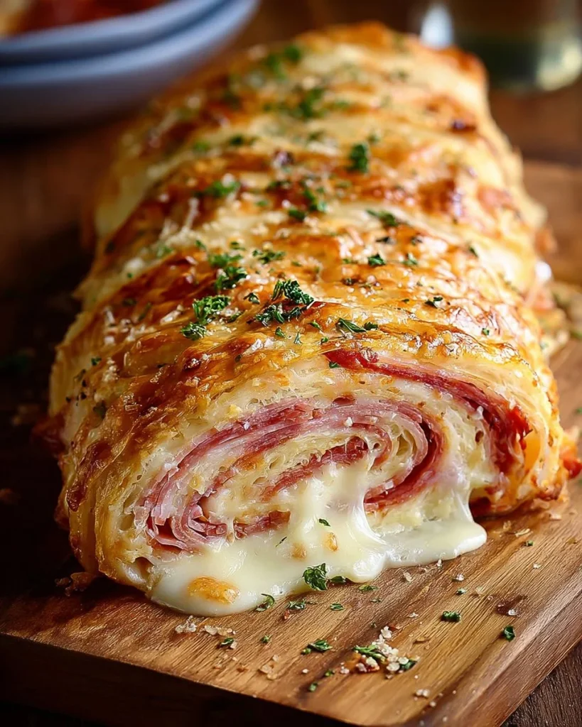 Homemade Italian Stromboli stuffed bread with cheese and meats on a wooden board