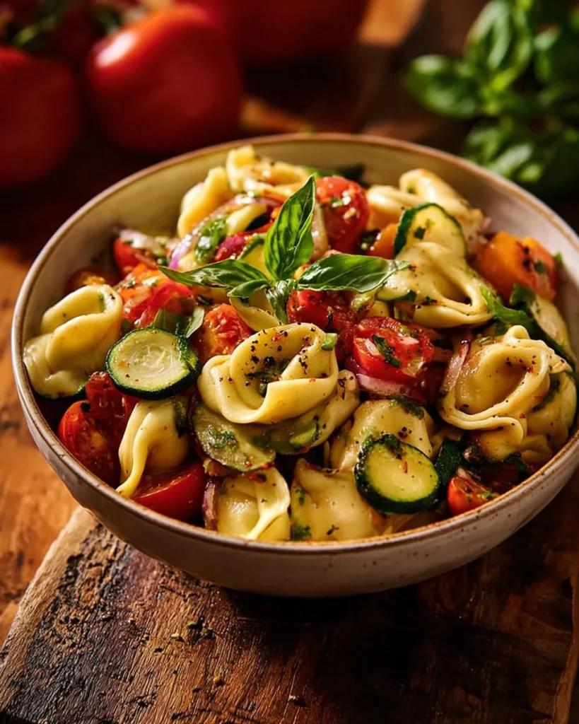 Italian tortellini and veggie pasta salad with fresh greens and colorful vegetables