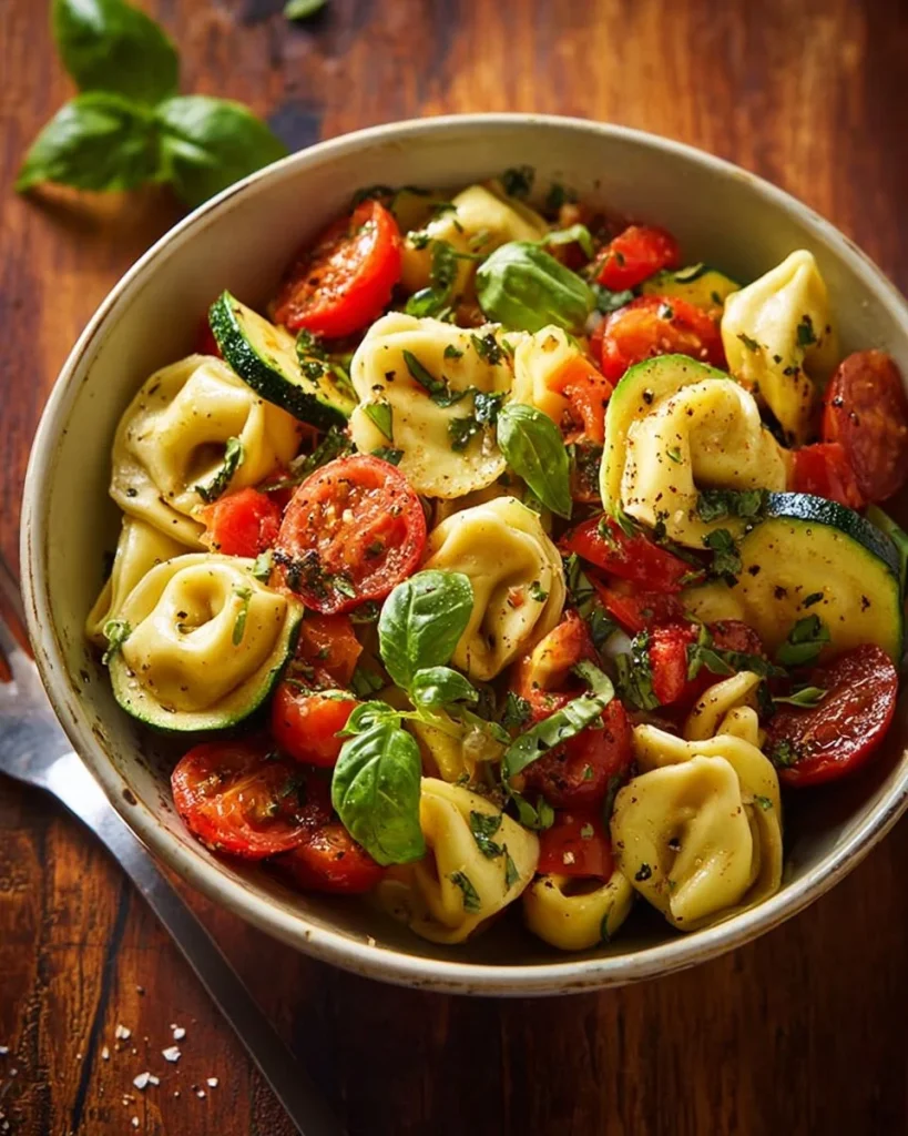 Italian tortellini and veggie pasta salad served in a bowl