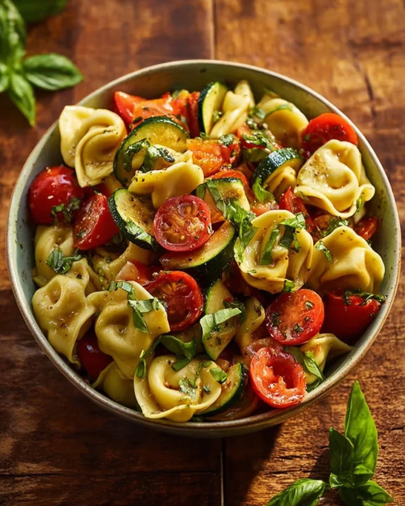 Italian Tortellini Pasta Salad with fresh vegetables in a bowl
