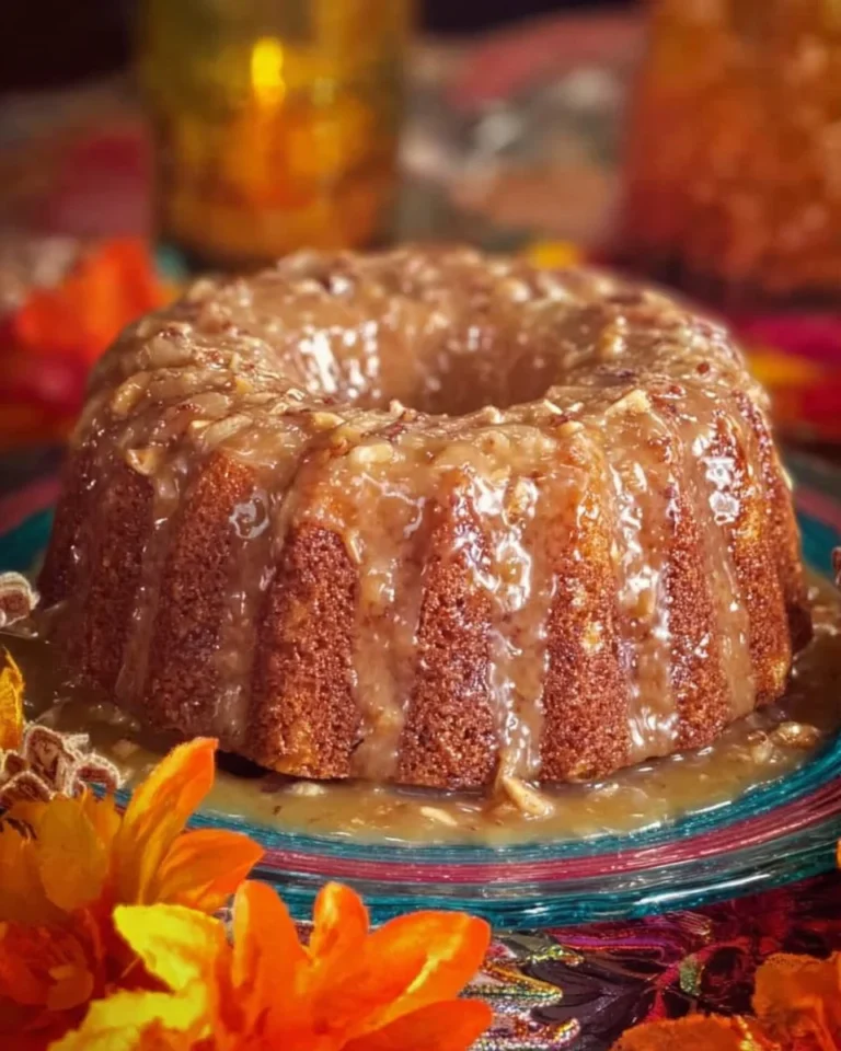 Jim's Apple Raisin Pound Cake topped with praline glaze, showcasing its delightful texture and flavor.
