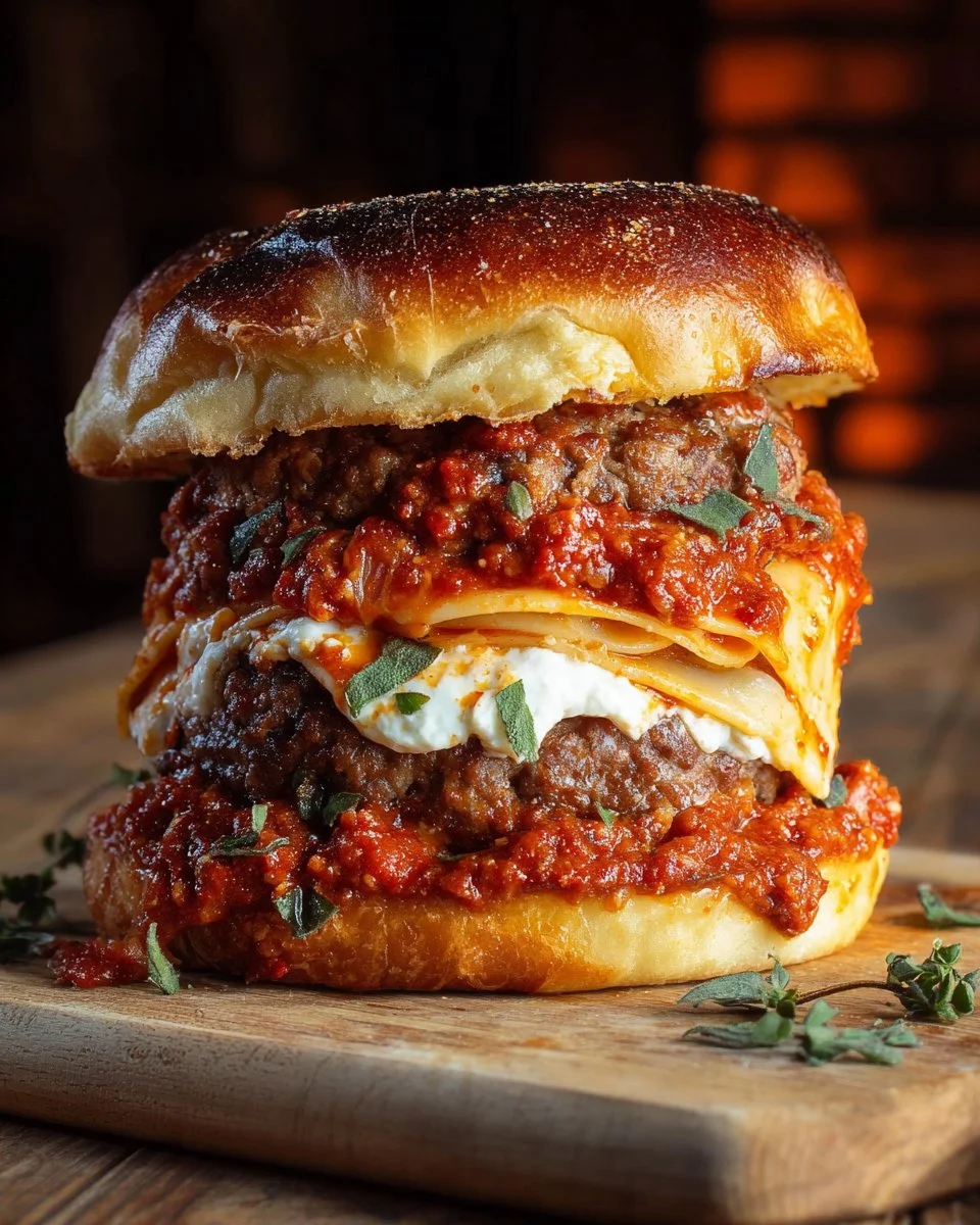 Lasagna burger stack with layers of pasta, meat, and cheese on a plate.