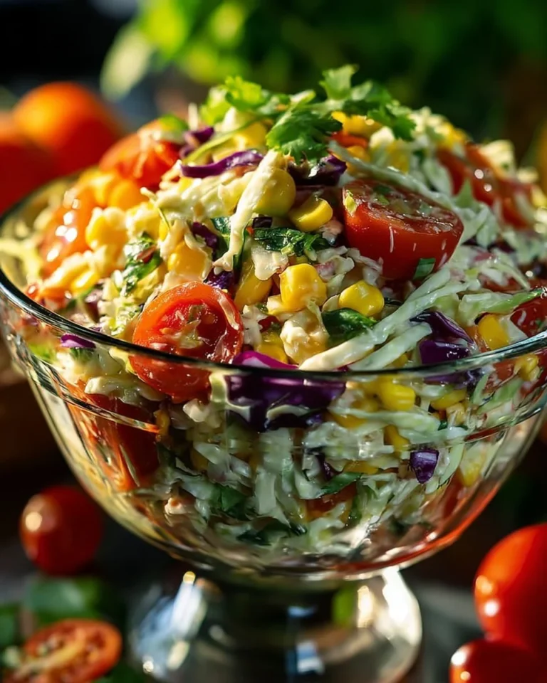 Layered Mexican Coleslaw Salad with vibrant vegetables and dressing