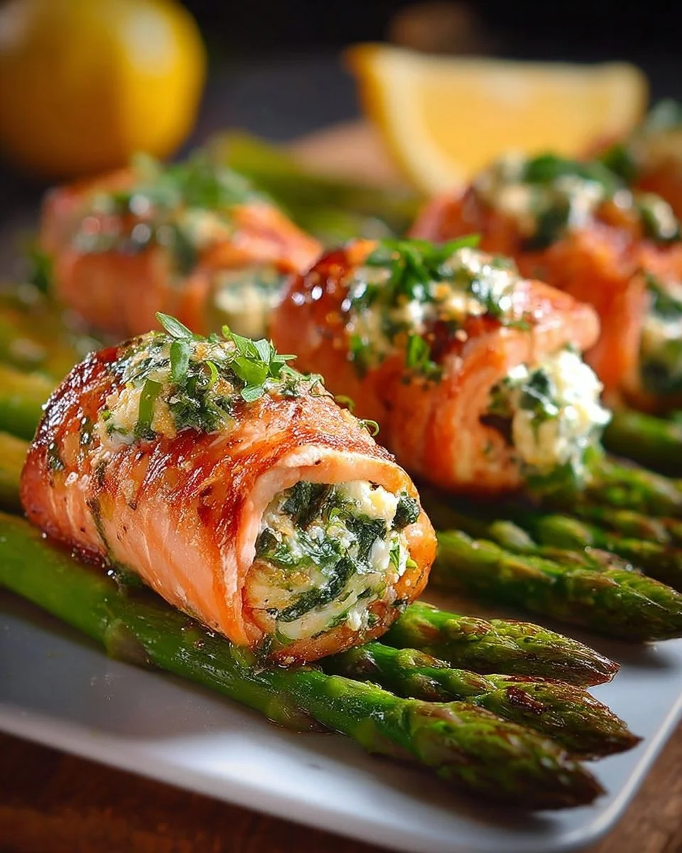 Lemon Basil Salmon Rolls garnished with herbs and lemon slices