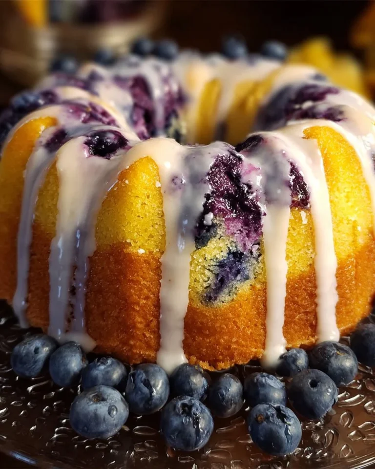 Freshly baked Lemon Blueberry Pound Cake topped with blueberries and lemon zest.