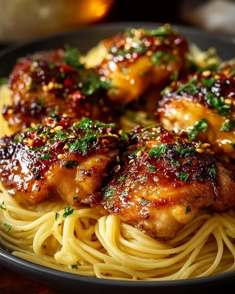 Plate of Lemon Garlic Butter Chicken served over Parmesan linguine