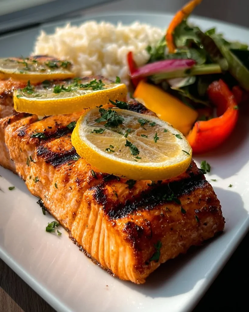Lemon grilled salmon fillet garnished with fresh herbs