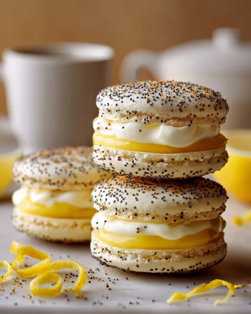 Lemon and poppy seed meringue sandwiches on a plate