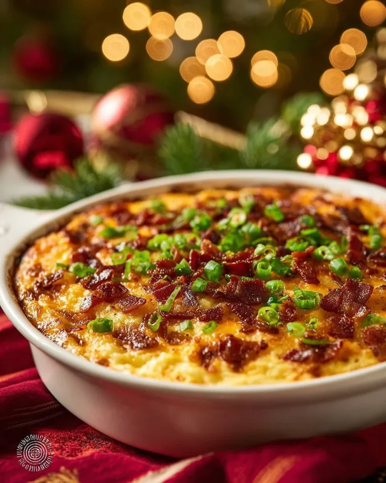 Delicious loaded baked potato casserole topped with cheese and bacon.