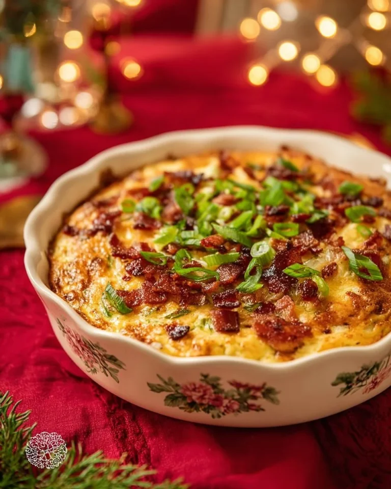 Loaded baked potato casserole topped with cheese, bacon, and chives