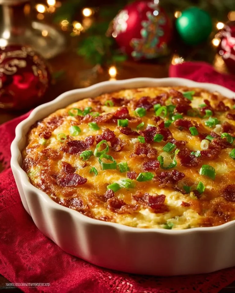 Loaded baked potato casserole topped with cheese, bacon, and green onions