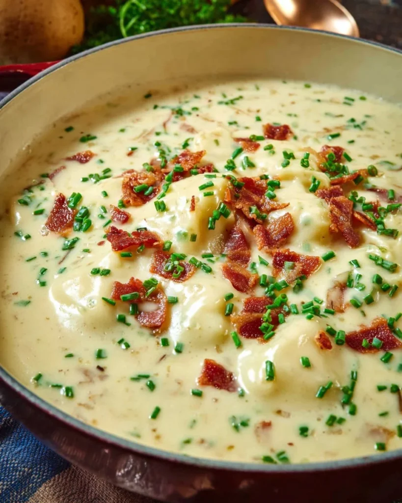 Creamy loaded baked potato soup topped with cheese, bacon, and chives in a bowl.
