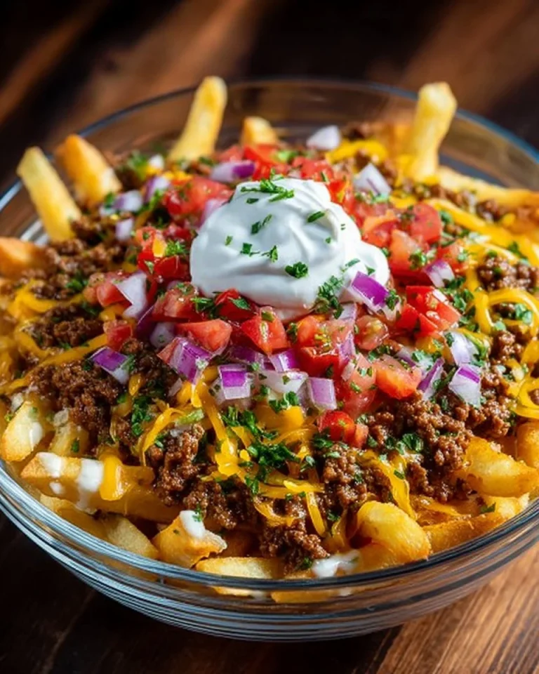 Loaded cheese fries topped with beef and melted cheese