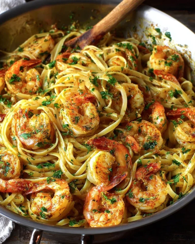 Plate of Louisiana barbecued shrimp linguine garnished with herbs