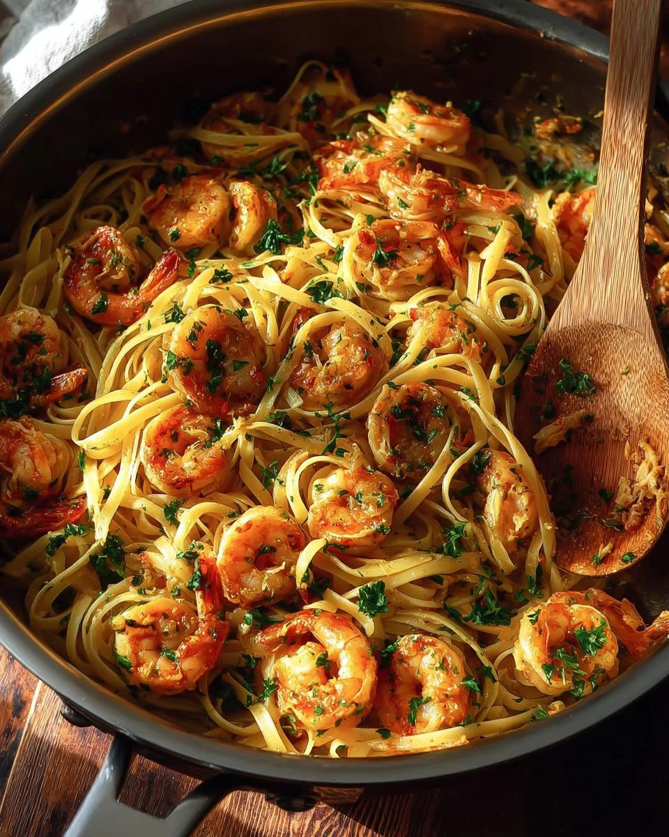 Plate of Louisiana barbecued shrimp linguine garnished with herbs.