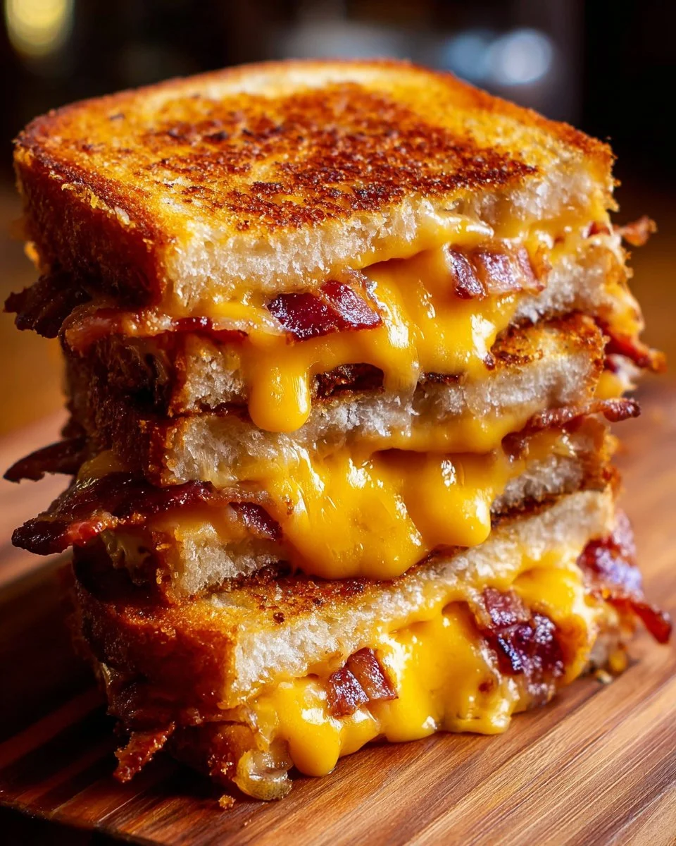 Maple Bacon Cheddar Grilled Cheese sandwich on a plate with crispy bacon and melted cheese