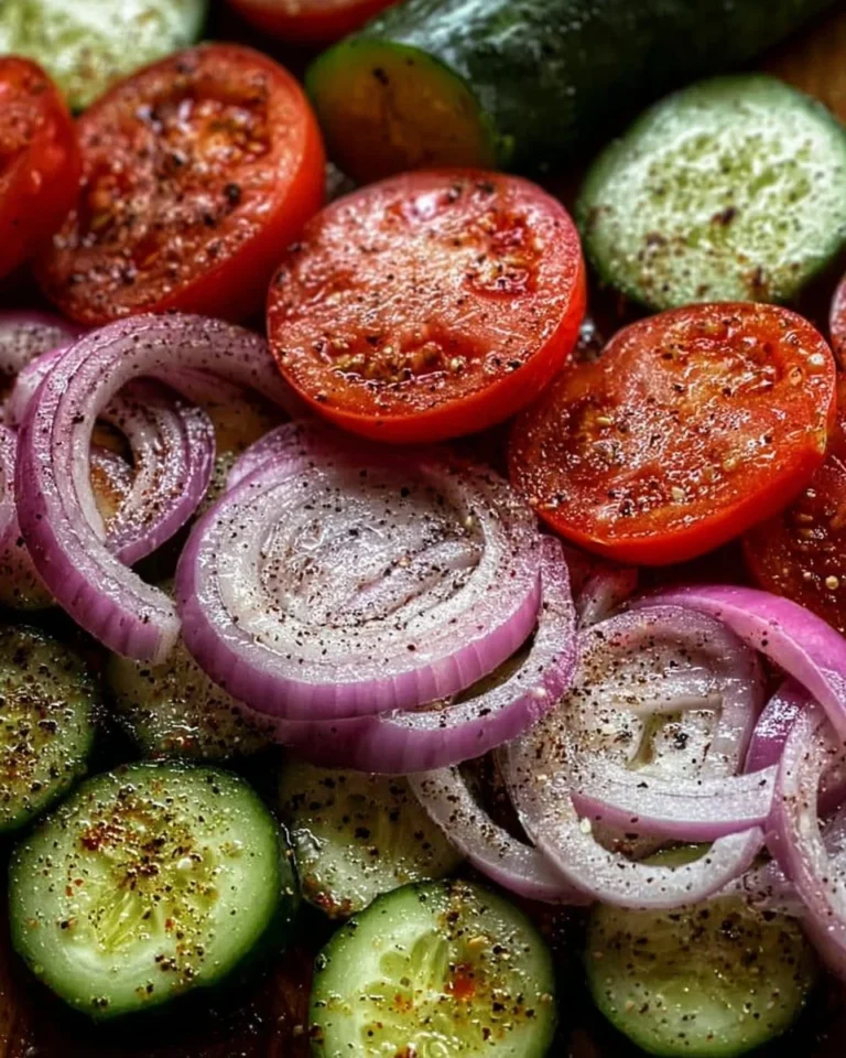 Delicious marinated cucumber salad with onions and tomatoes in a bowl