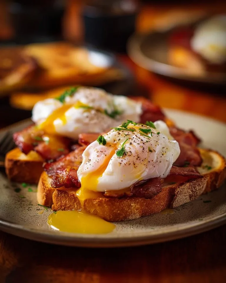 Tiger Toast with mature cheddar, shallots, bacon, and poached eggs