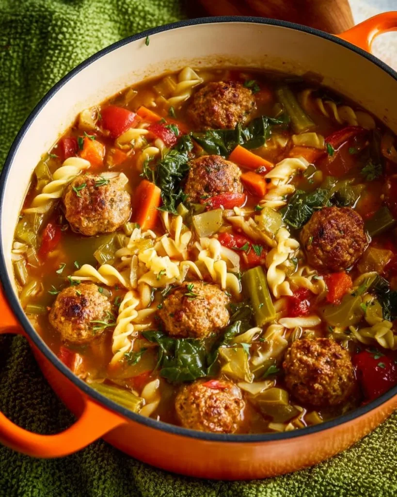 A bowl of hearty meatball soup garnished with herbs and vegetables.
