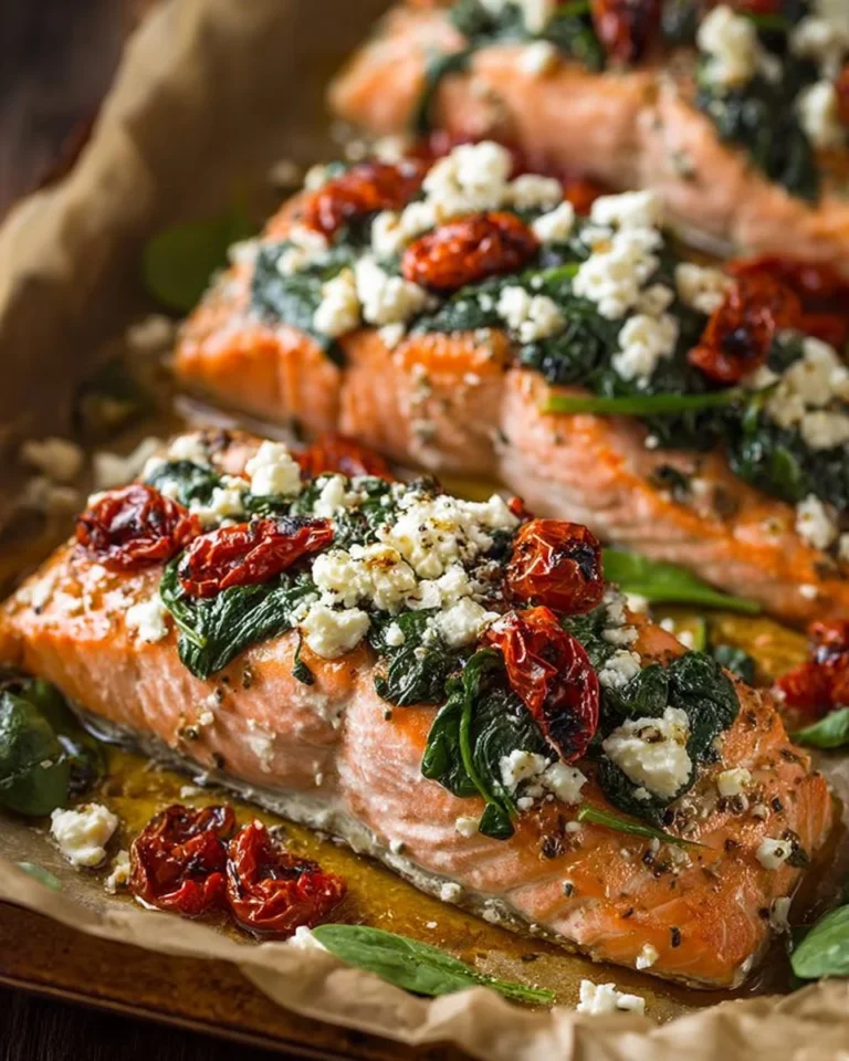 Mediterranean baked salmon garnished with feta cheese and sun-dried tomatoes