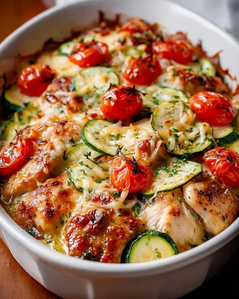 Mediterranean Chicken Zucchini Bake with fresh herbs and cheese