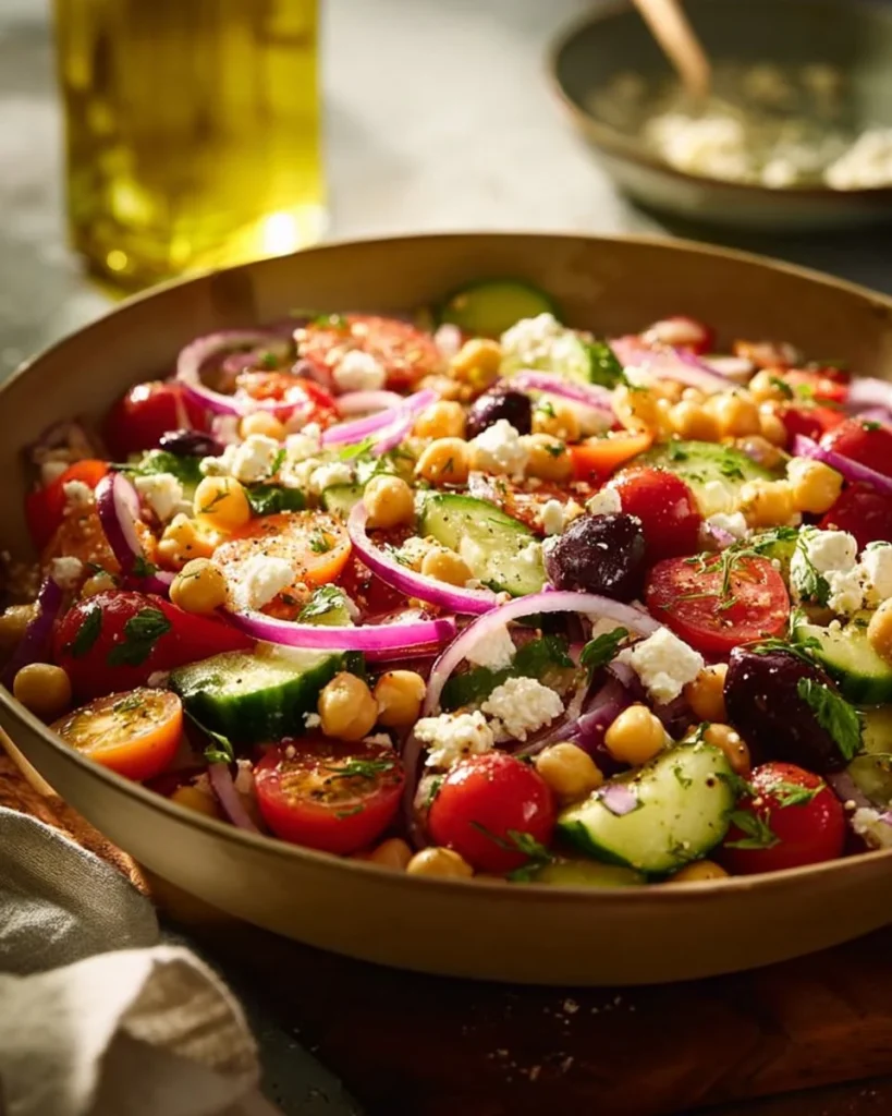 Mediterranean Chickpea Salad with fresh vegetables and dressing