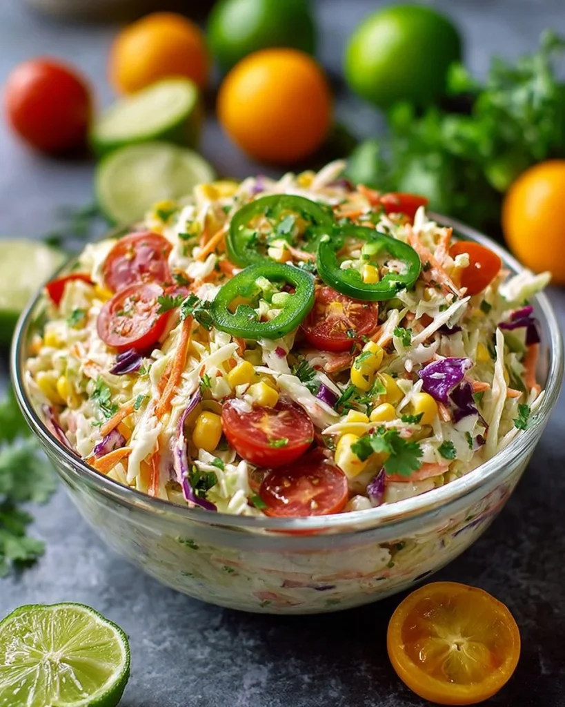 Colorful Mexican Coleslaw with fresh tomatoes and corn served in a bowl
