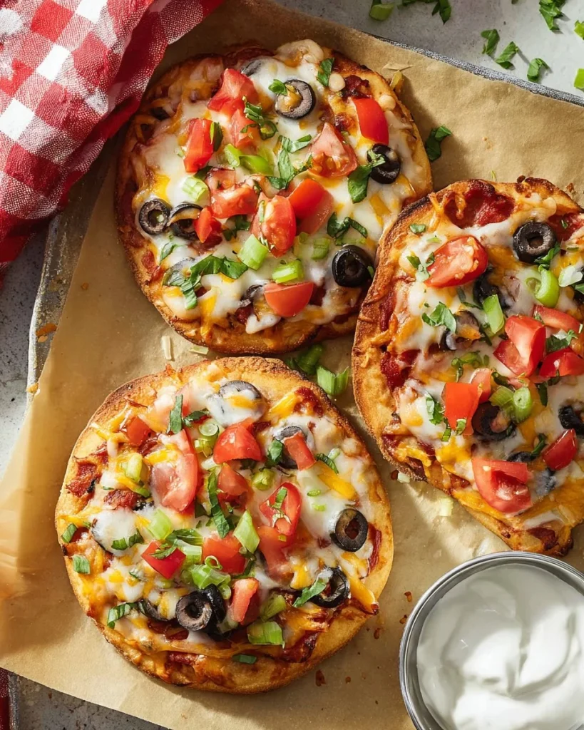 Delicious slice of Mexican pizza topped with salsa, cheese, and fresh veggies.