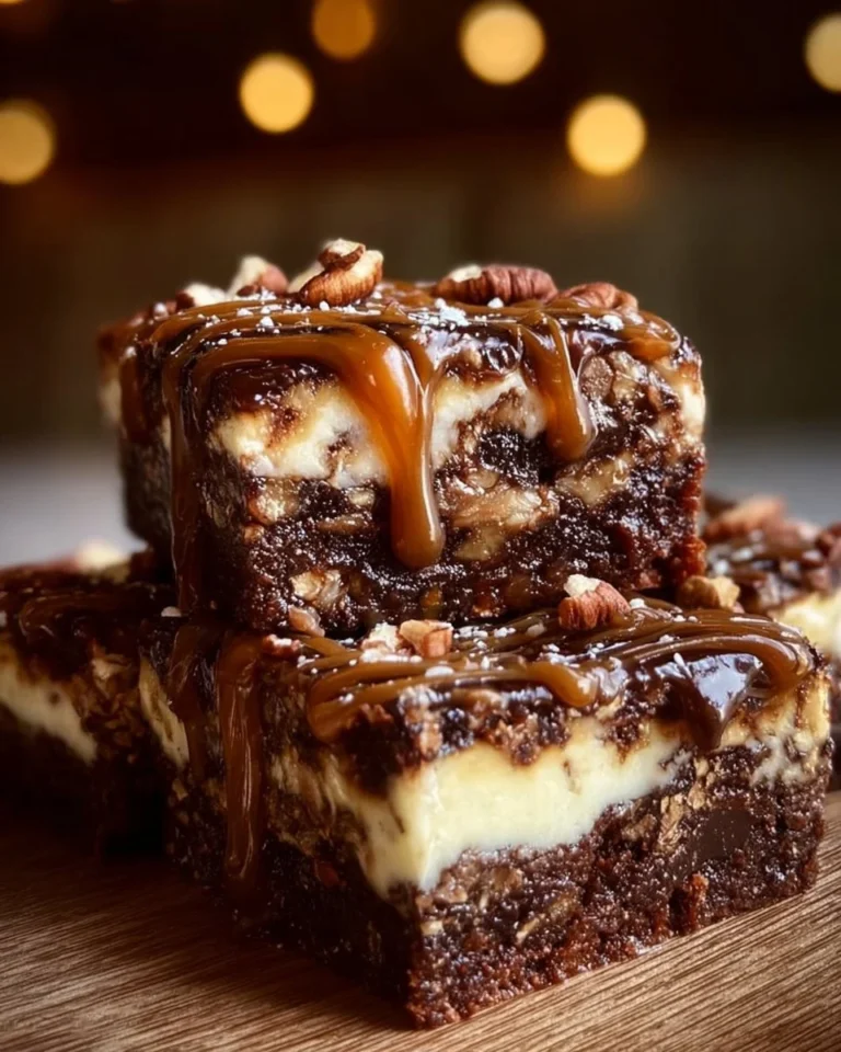 Decadent Milky Way caramel pecan cheesecake brownies on a plate