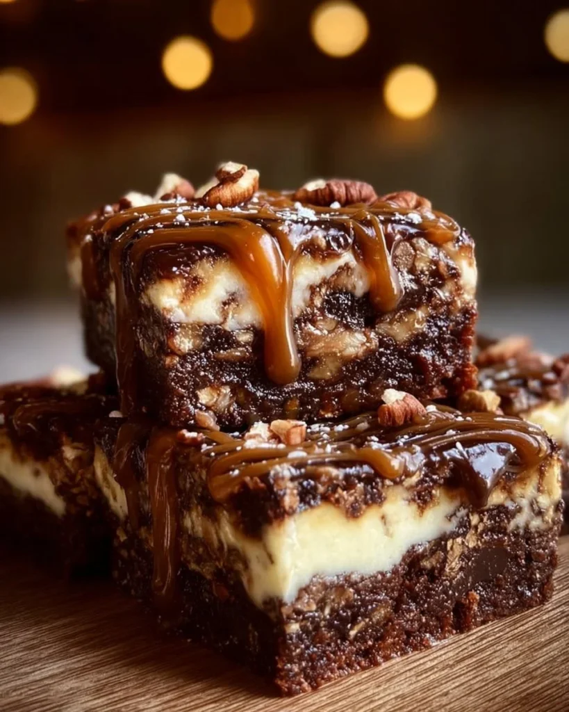 Decadent Milky Way caramel pecan cheesecake brownies on a plate