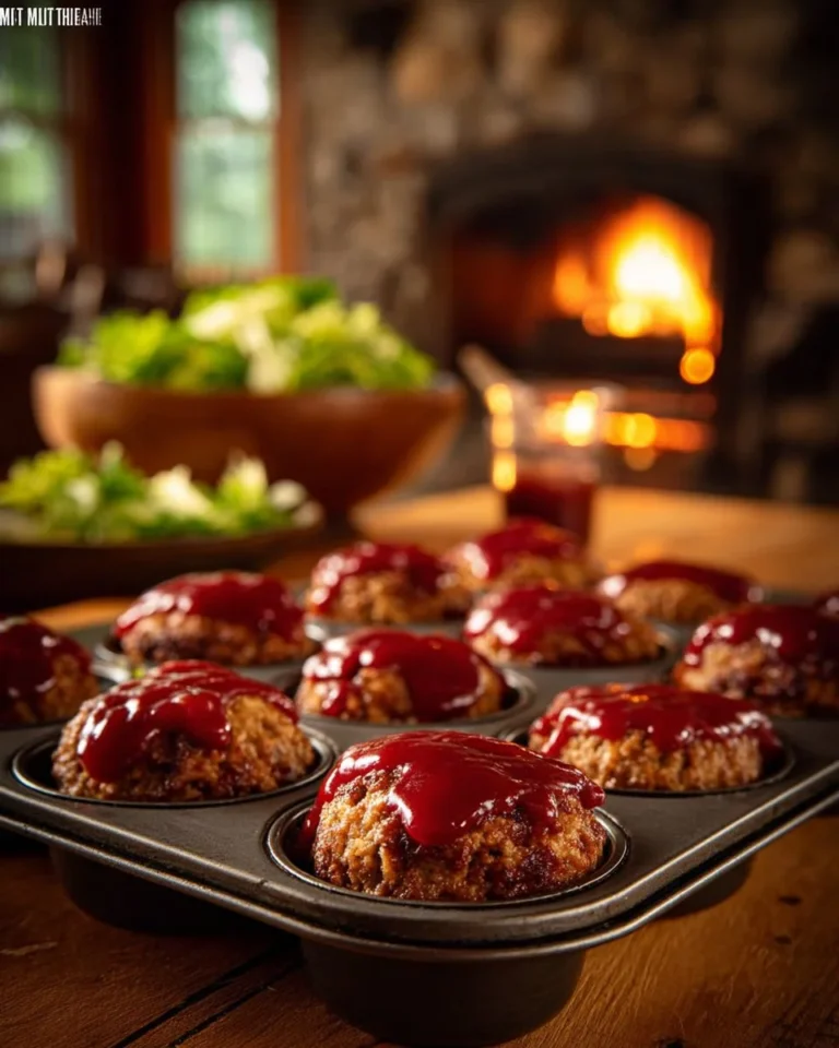 Mini meatloaf baked in a muffin tin, served with a side of mashed potatoes.