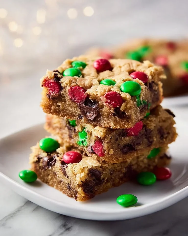 M&M cookie bars fresh from the oven, colorful and delicious dessert.
