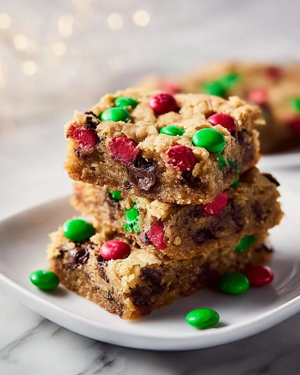 M&M cookie bars fresh from the oven, colorful and delicious dessert.