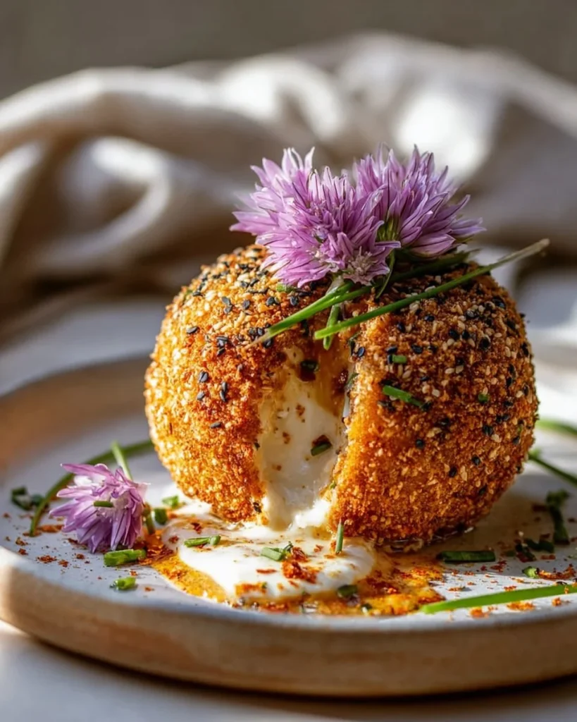 Molten Burrata Sphere encased in a crunchy bagel crust, ready to be savored.
