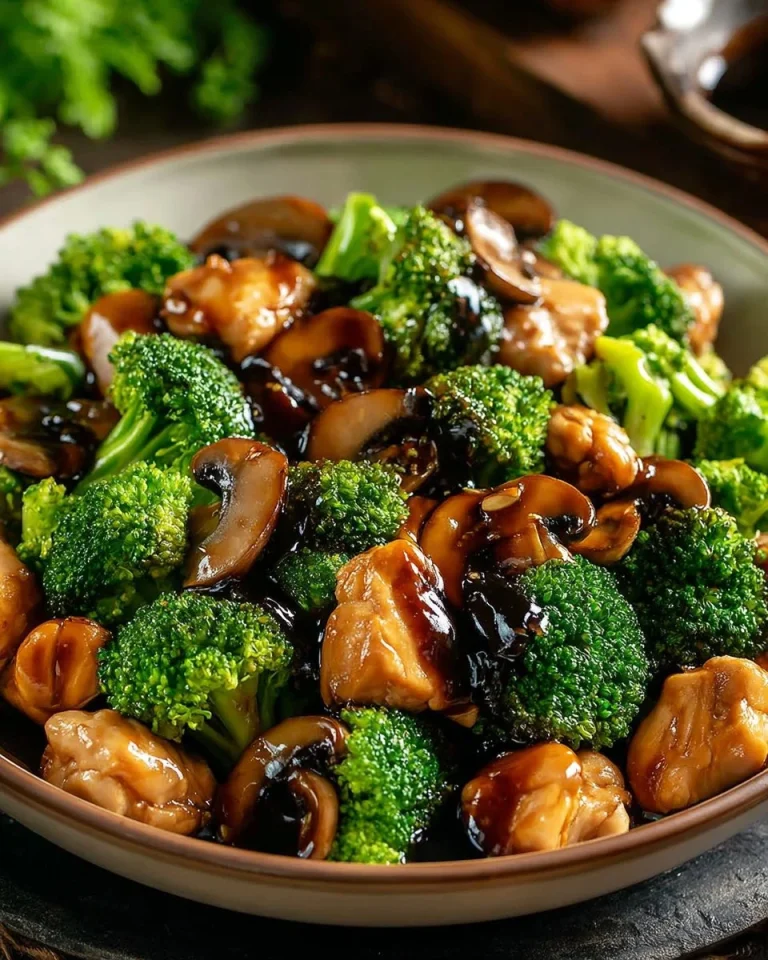 Plate of Moo Goo Gai Pan with chicken and mushrooms in a savory sauce.