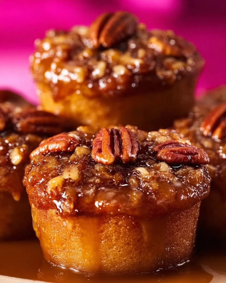New Orleans Pecan Pie Muffins served on a rustic wooden table