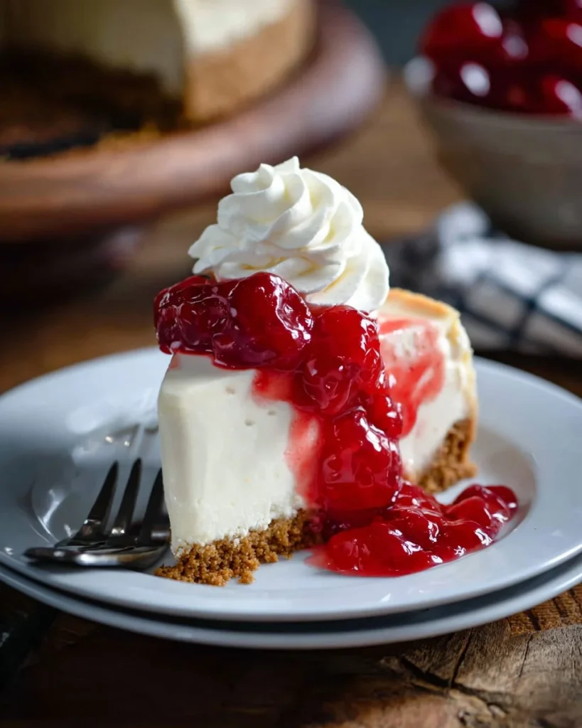No-bake cherry cheesecake topped with fresh cherries and whipped cream