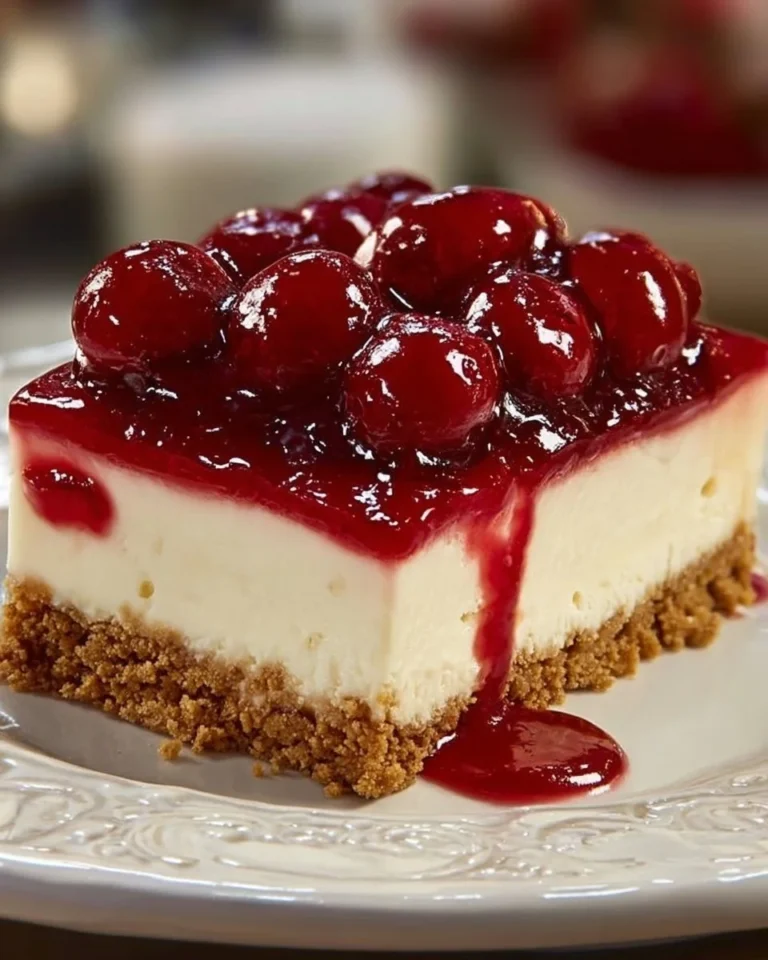 No-bake cherry cheesecake with fresh cherries and creamy filling on a graham cracker crust